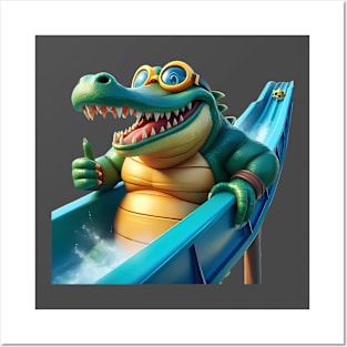 An alligator with a giant swim cap and goggles riding a waterslide Posters and Art